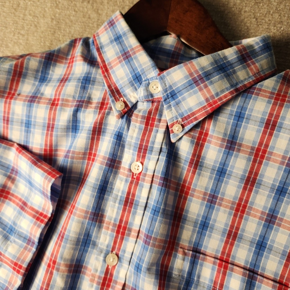 Saddlebred Button Down Shirt Mens LT Red Blue Plaid Classic Fit Short Sleeve